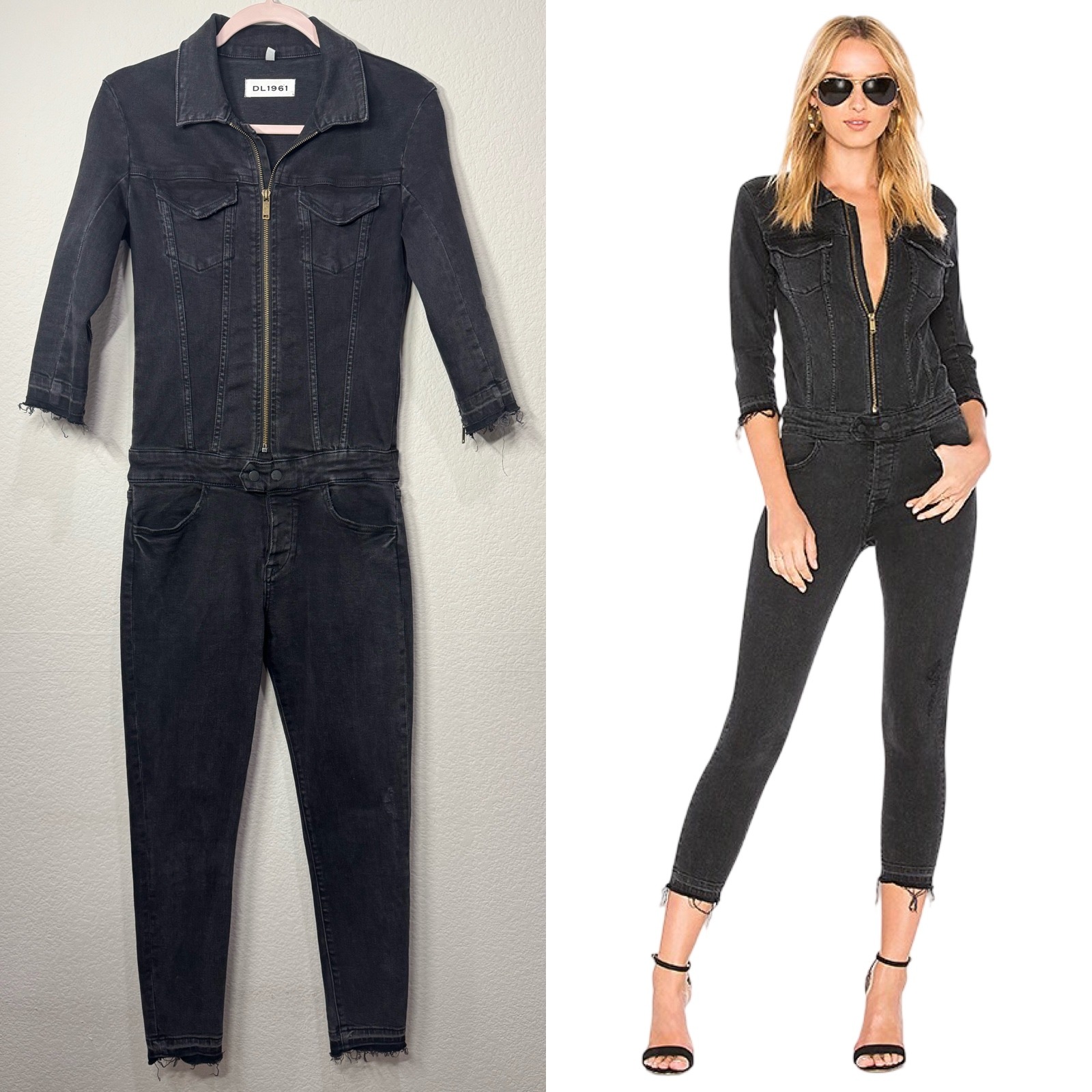 Dl1961 Women's Denim Jumpsuit Black Wash Xs Zip Front Raw Hem 3/4 Sleeve Edgy